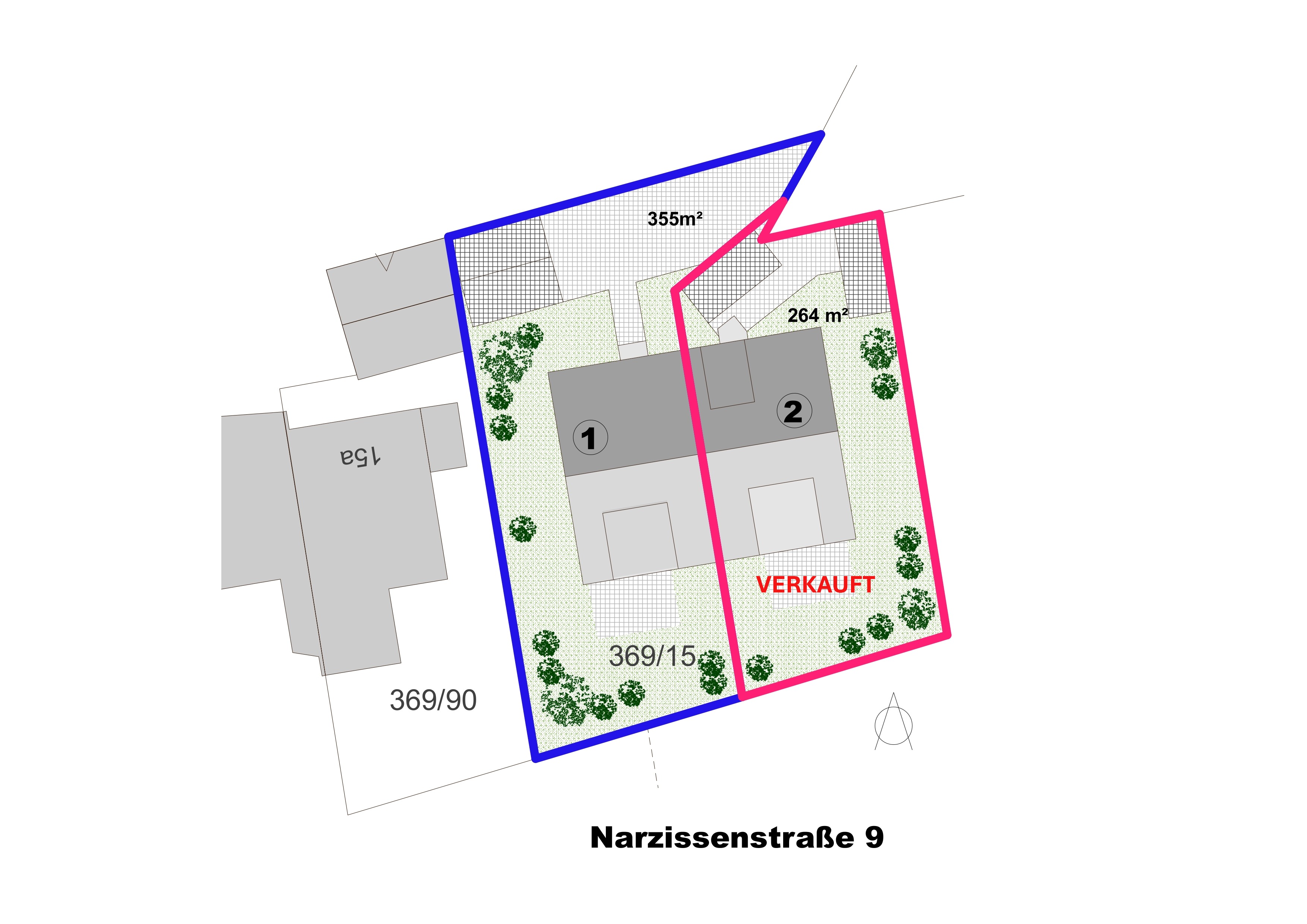 Eine übersichtliche Grundstücksplanung bei Narzissenstraße 9 mit zwei Gebäuden.