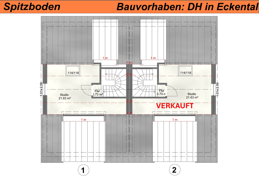 Grundriss des Dachgeschosses mit zwei Studios, eines mit "VERKAUFT" markiert.